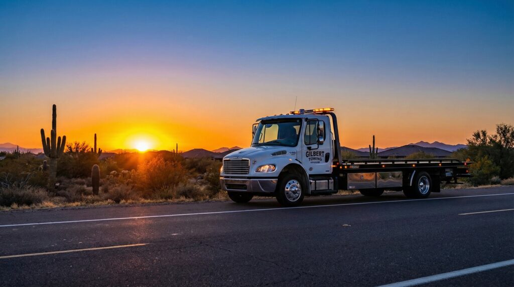 Flatbed tow truck at sunset on highway